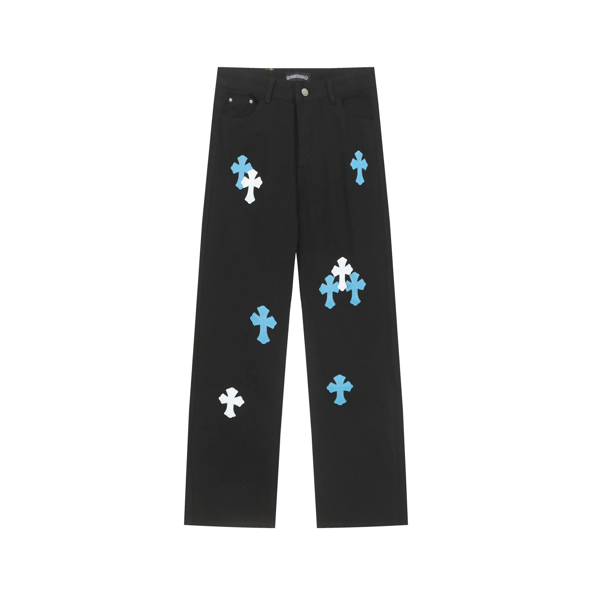 P270 Chrome Hearts/Chrome Hearts 25ss classic colored leather cross washed color cloth denim trousers for men and women Color: Picture color Size: 28-36